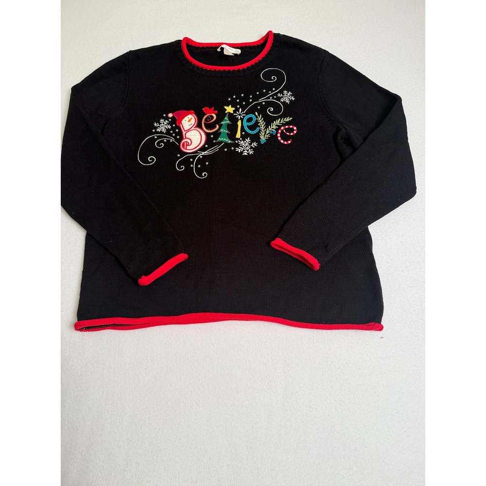 CJ Banks Believe Christmas Sweater Black Red Trim Snowman Tree Sequin Size X